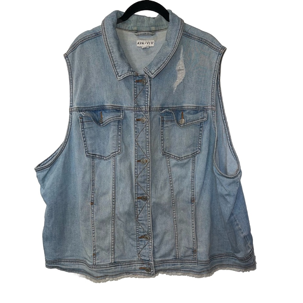 Ava & Viv 4X Acid Washed Jean Vest Distressed Holes Frayed Bottom Big Pockets